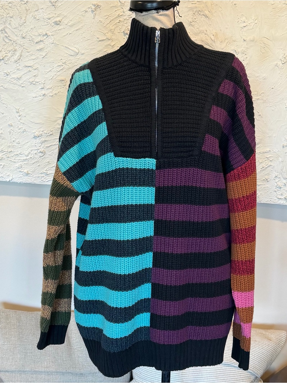 Staud Women’s Multicolored Mosaic Stripe Hampton Chunky Knit Sweater Sz Small - Picture 2 of 10
